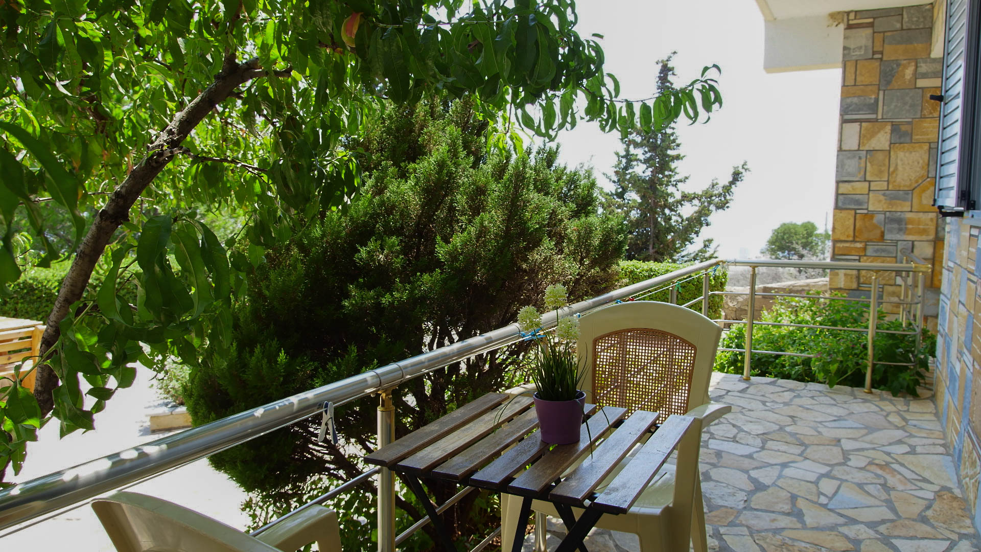 A table and two chairs under a peach tree on the balcony.